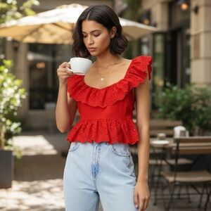 ZARA sz Medium Blouse Ruffled Eyelet Tie Back Open Back Blouse Red NWT